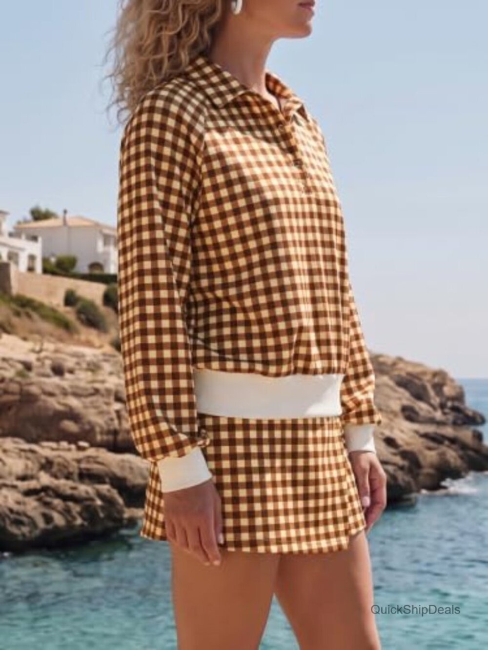 Plaid 2 Piece Skirt Set Balloon Sleeve Polo Mini Polyester Blend - Picture 2 of 6